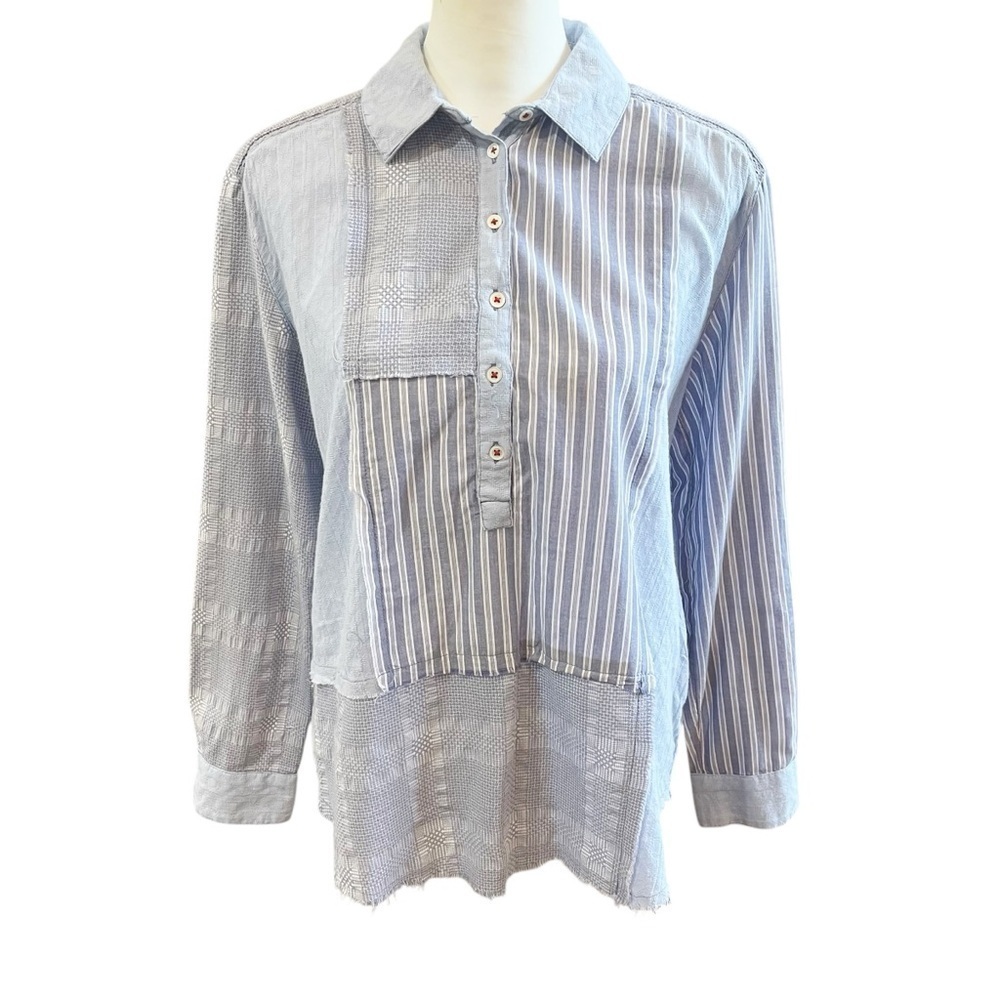 Sundance Top Size XS Blue Patchwork Stripe Long Sleeve Button Down High Low Hem